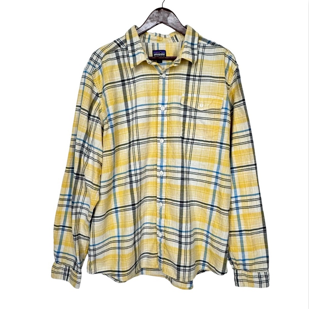 Patagonia Worn Wear Tusy Yellow Blue & Black Plaid Long Sleeve Button Down Shirt